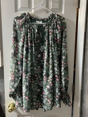 Entro Cottagecore Green Floral Tie-Neck Ruffle Blouse – Women’s 1X